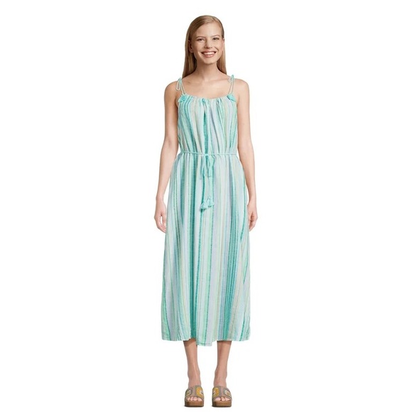 Time and Tru Women's Blue Marine Stripe Shoulder Tie Midi Dress - Picture 5 of 7